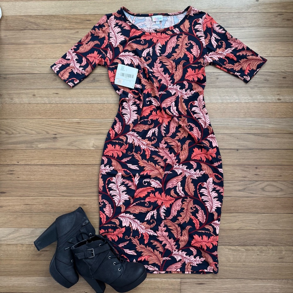 Lularoe Julia orange and Black Leaf Print Dress